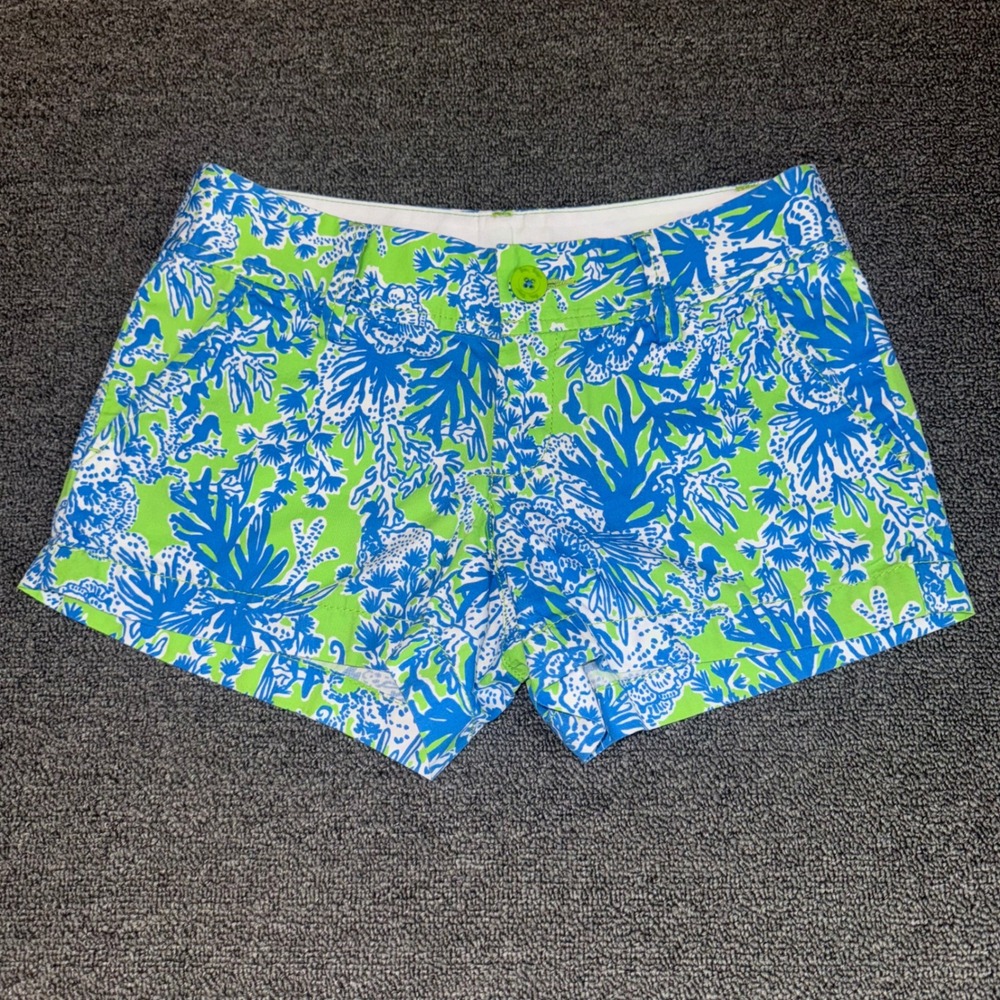 Lilly Pulitzer Walsh Shorts Size 00 Blue Green Coral Reef Tropical Cotton Chino